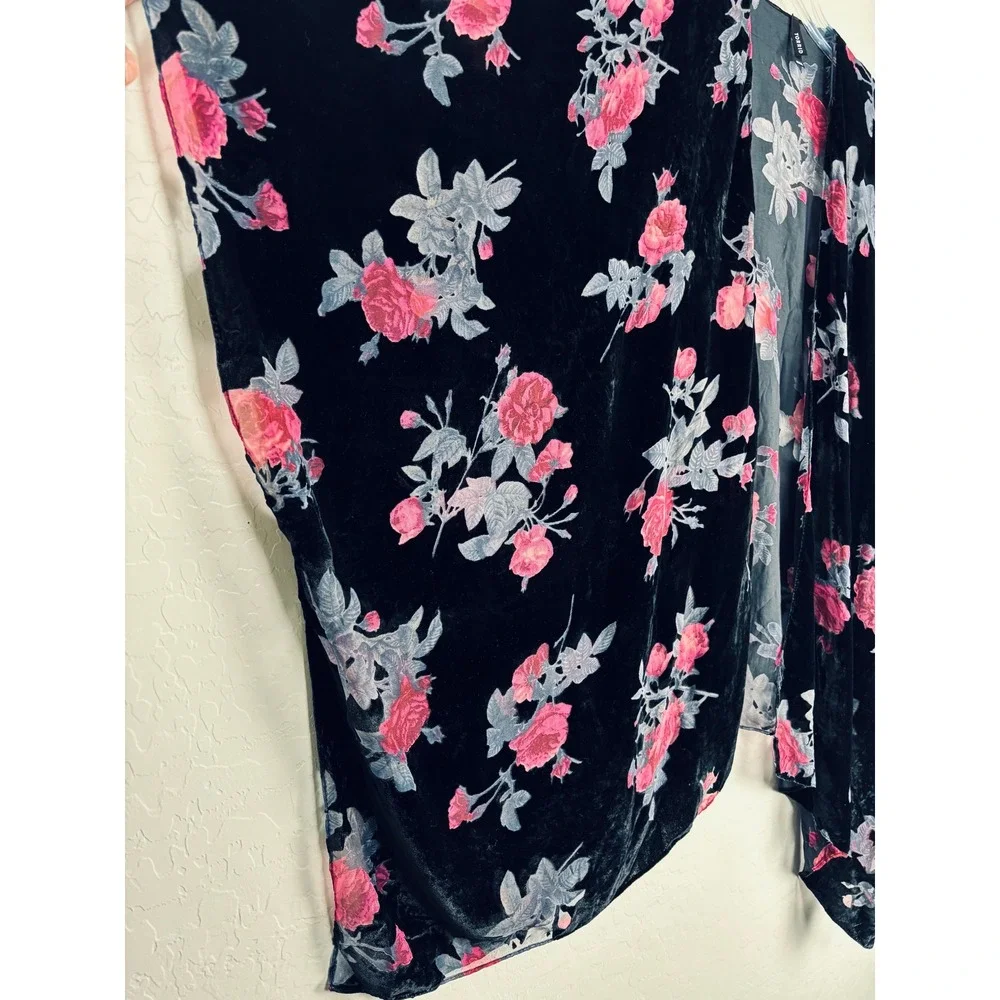 Torrid Floral Velvet Kimono Black Pink Rose Burnout Open Front One Size 2226